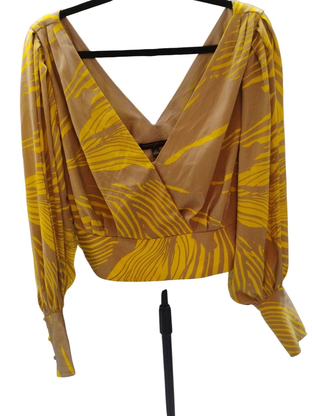 Banana Republic Yellow & Tan Printed Wrap Blouse Long Sleeve SZ 6